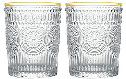 MOLADRI 10.5oz Drinking Glasses, Gold Rim Ribbed Vintage Water Glasses Glasswear Cups, Cute Tumbler for Coffee, Juice, Whisky, Beer, Cocktail ( Sets of 2 )