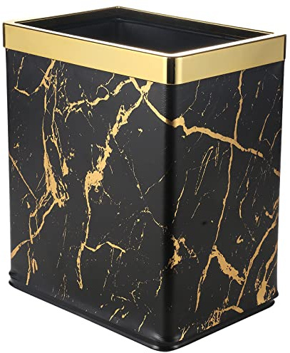 Small Bedroom Waste Bin,Trash Bin for Bathroom Office Hotel,Black Gold | Removable Inner Bucket,Black gold Marble PU Leather Finish
