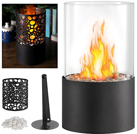 Dyna-Living Tischkamin Bioethanol Tischfeuer mit Deko Steinen, Ethanol Tischkamin für Indoor & Outdoor Atmosphäre Schaffen Moderne Tischfeuer Dekoration