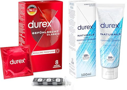 Durex aufregendes Erotik-Set mit Gefühlsecht Ultra Kondomen 8 Stück, Naturals Gleitgel 50ml - Extra Feuchtigkeitsspendend & Durex Würfel