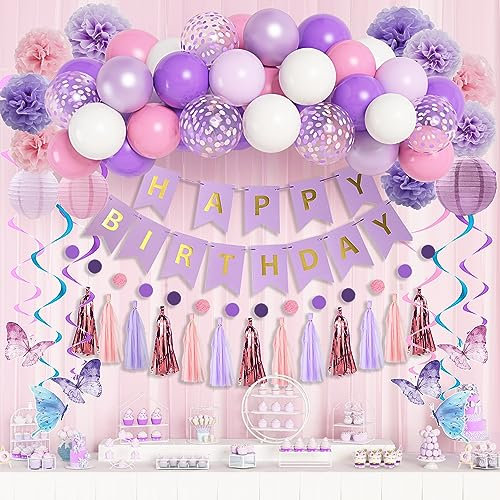 Lila Luftballons Geburtstagsdeko 66Pcs Pastel Purple Baby Pink Rosa Luftballon Frauen Mädchen Lila Banner Schmetterling Hängende Wirbel Papierlaternen Birthday Bridal Shower Hochzeit Party Decorations