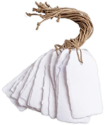 Wanderings Etichette Regalo Bianche Fatte a Mano con Bordo Irregolare e Cordino – 9,5×4,5 cm – Confezione da 25 – Per Prezzi, Etichette Regalo e Occasioni Speciali