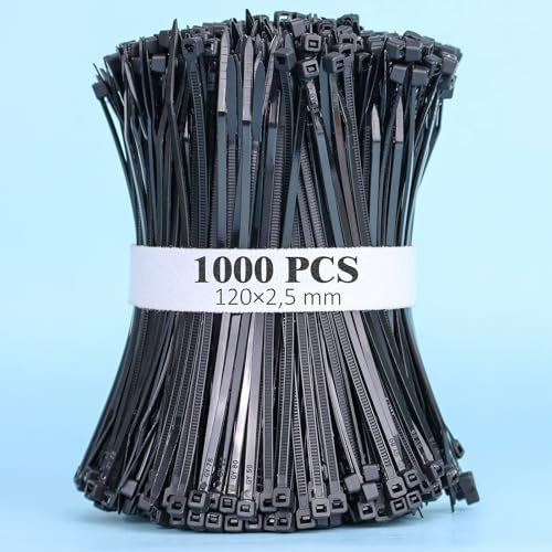 1000 pièces Serre Câbles Rilsan noir Nylon, 120 mm x 2,5 mm, Serre Cable Plastique,Collier Serrage Plastique,Zip Ties Black,Cable Ties Black