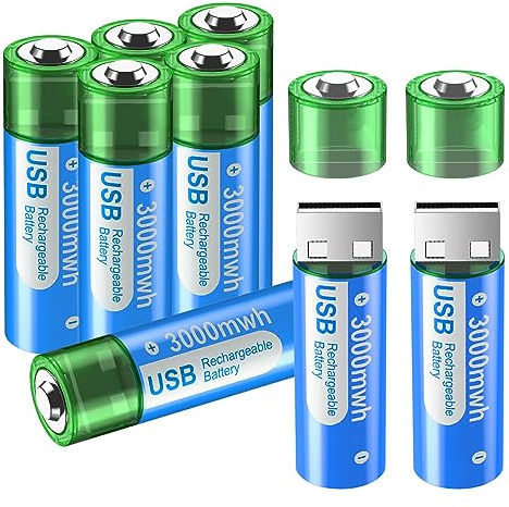 Batterie Ricaricabili USB AA 3000 mWh - 1.5V agli ioni di litio AA Ricaricabile USB Ad Alta Capacità, ricarica rapida in 1.5 ore, Ciclo di vita 1200 Volte (8Pcs)