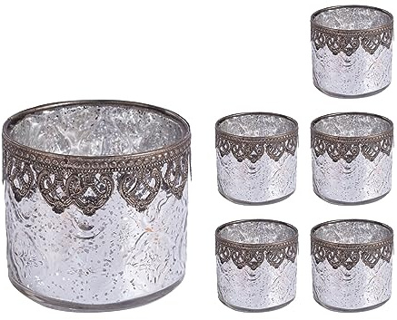 Jinfa 6er-Set orientalischer Teelichthalter aus Glas Windlichter Kerzengläser Teelichtgläser Geschenk | Zylindrische Form | Edles Silber Ø 10cm x h 9cm