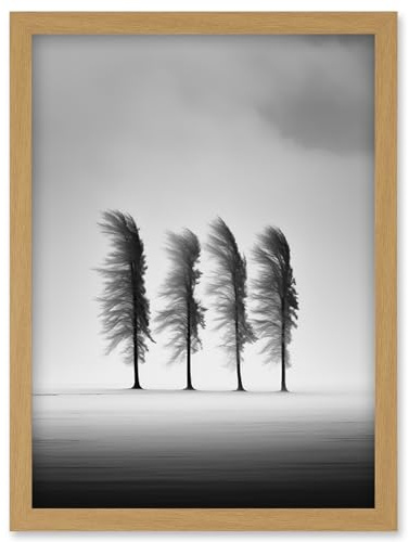 Artery8 Still Holding Strong Black and White Winter Landscape Photograph Wind Blowing on a Row of Cypress Hills Artwork Framed Wall Art Print A4