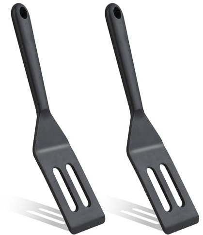 2 Pack Thin Egg Spatula Flipper Black Small Omelette Spatula Turner Silicone Heat Resistant Non Stick Cooking Spatula Long Crepe Pancake Spatula for Cooking Omelet Pancake Burgers Pizza Steak Crepes
