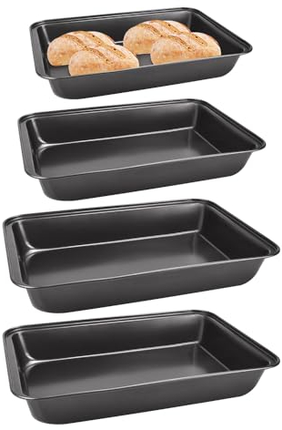 SIYINGSAERY 4 Stück Backblech Rechteckig Universal Backofen Plätzchenblech Tiefe Kuchenform Kuchenblech Rechteckig Hoch Pizzablech Tablett Kuchenblech zum Backen für Brownies, Lasagne (3 Größen)