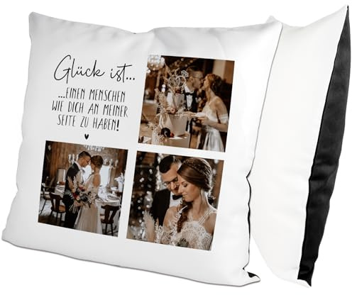 glitzertassen.de® | Glück ist... | personalisiertes Kissen Text und Bild | Geschenk | Kissen mit Druck | Liebe | Deko Kissen | personalisiertes Fotokissen für Freunde | Kuschelkissen | Weiß/Schwarz