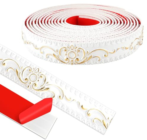 Wandleisten Selbstklebend, Deckenleisten Selbstklebend, 3D Deckenleisten Styropor füR Spiegelkanten, MöBel, TüRrahmen, Decken, Wohndekoration (Weiß mit Gold, 600cm*3.6cm)