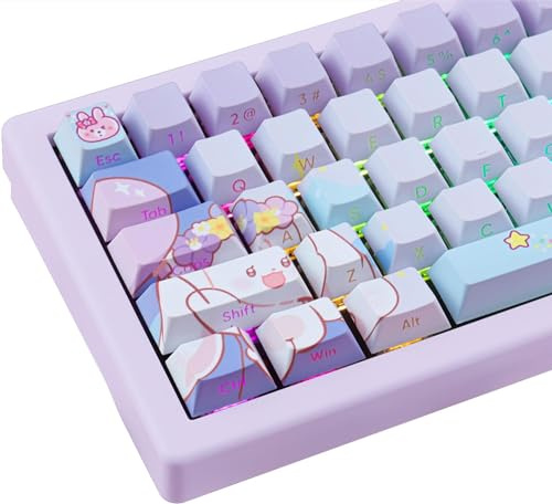 PBT 135 Keys Transparent Keycaps Letter Side Print Purple Bunny Custom Keycaps for ISO Layout Cherry MX Switches Mechanical Keyboards