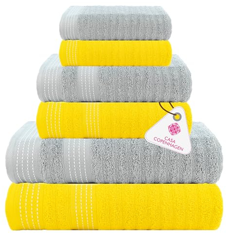 Casa Copenhagen Elegance Juego de Toallas de 6 Piezas- Amarillo+Gris Violeta, 550 g/m², 2 Toallas de baño, 2 Toallas de Mano, 2 bayetas de Suave algodón Egipcio para baño, Cocina y Ducha