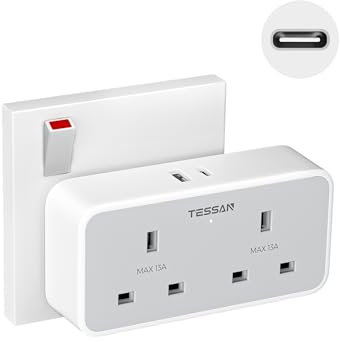 USB C Plug Charger Adaptor UK, TESSAN Double Plug Extension Socket with USB C Charging Port, 13A UK Dual Surge Protected Outlets Extender for Home, Office, Kitchen, School Supplies