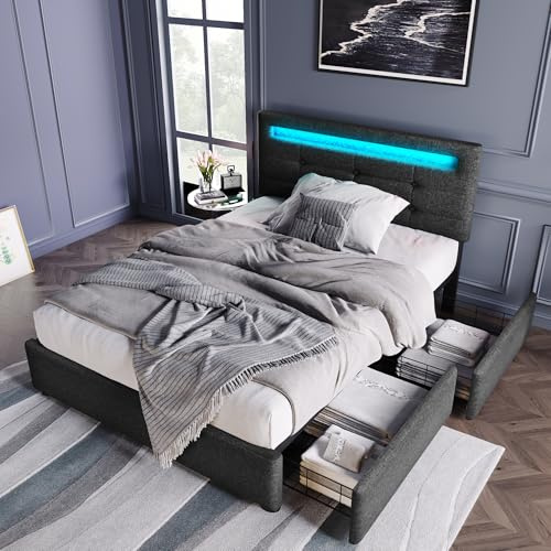 Bett 90x200 mit LED und 2 Schubladen, Polsterbett 90x200cm mit Höhenverstellbarem Kopfteil, Einzelbett mit Stauraum und Lattenrost aus Holz, Stauraumbett Jugendbett Bettgestell -Grau