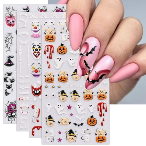 JMEOWIO 3D Nagelsticker Halloween Nail Art Sticker Selbstklebend Nagelaufkleber 5D Stereoskopisch Süßer Geist Kürbis Dekoration Nageldesign Zubehör 4 Blatt