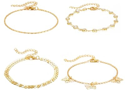 UYRVAPE 4 pcs Bracelet de Cheville Réglable pour Femme en Acier Inoxydable Bracelet de Cheville Imperméable Bijoux de Cheville Lien Chaîne Pied Réglable Empilable Boho Plage Pied Bijoux
