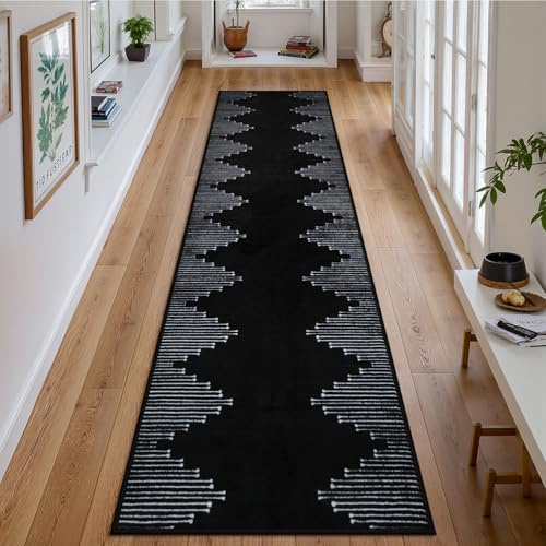 Seavish Hallway Runner Rug 2x8 Black Kitchen Runner Rugs Non Slip Washable Low Pile Soft Modern Geometric Rugs for Entryway Neutral Rugs Non Shedding Western Bohemian Rug for Laundry Bedroom
