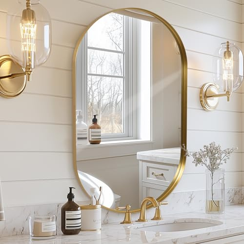 Melodieux Wandspiegel 60x90cm Gold Oval Spiegel Badezimmerspiegel Dekorativer Spiegel zum Aufhängen an der Wand Horizontal oder Vertikal für Schlafzimmer Wohnzimmer Flur