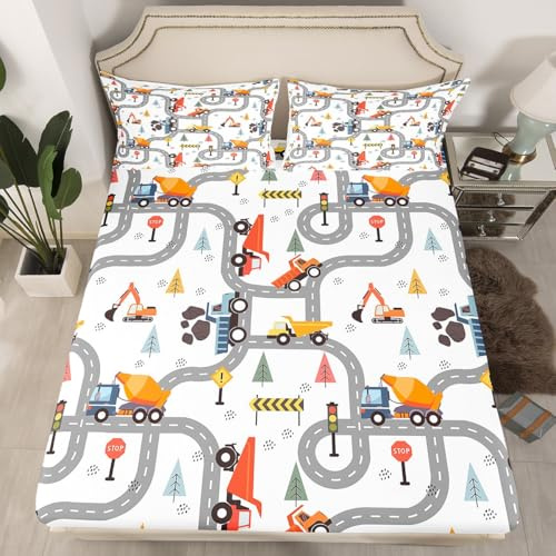 Loussiesd Bagger Spannbettlaken 90x200cm Verkehrsstraßen Spannbetttuch Baufahrzeuge Bettlaken Set Atmungsaktiv Cartoon Auto Spannbettlaken Zimmer Dekor Hellgrau Bettlaken