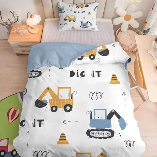 BSYYZQC BettwäSche 150x200 Cartoon Auto Bagger Bettbezug Luxuriös Flauschig mit ReißVerschluss Kinder BettwäSche-Sets 2 Teilig Set Weiche Atmungsaktiv Mikrofaser BettbezüGe und 2 Kissenbezug