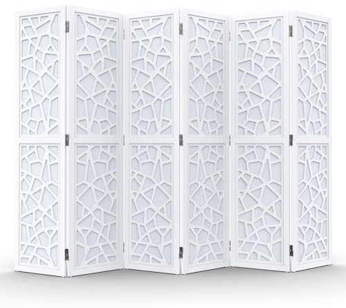 VINGLI 70'' H Room Divider, Non-Woven Fabric Privacy Screen, Indoor Partition Wall Dividers, Freestanding Hinged Space Separator with Modern Unique Pattern (White, 6 Panel)