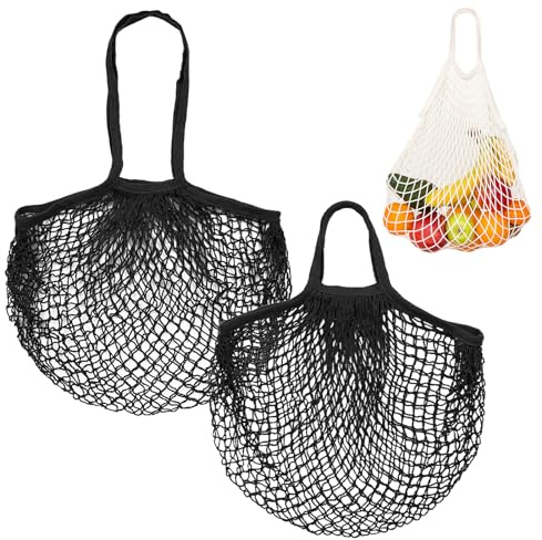 M METERXITY 2-Pack Cotton Mesh Bag, Black, Long&Short Handle | Reusable, Washable, Net, String, Grocery, Produce, Tote, For Fruits/Vegetables Shopping