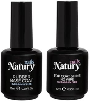 Natury Nails Set de Top Coat super brillo NO WIPE (sin capa dispersión) y Rubber Base Coat Constructor alargador de uñas. Fuerza, volumen y nivelación. 12 FREE Gel Polish UV/LED. Cruelty Free y Vegan