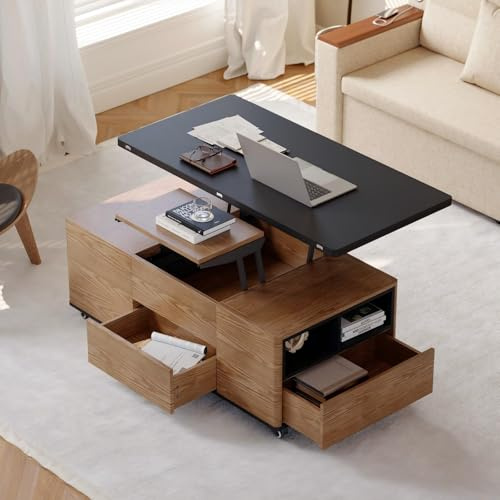 Homary Mesa de Café 119 cm Elevable – Nogal y Negro con Cajones, Mesa Convertible con Almacenamiento, Ruedas Bloqueables y Función Hidráulica Ideal para Salón u Oficina