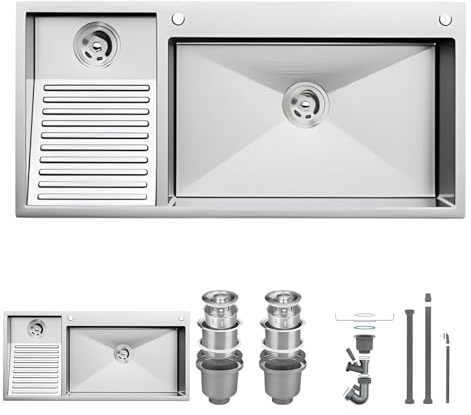 Fregadero De Acero Inoxidable SUS304 Con Tabla De Lavar – Lavadero Grande Para Lavandería, Garaje, Sótano Y Balcón – Montaje Empotrado – Con Kit De Drenaje(Left,100x48cm)