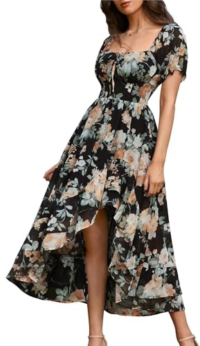 SCARLET DARKNESS Women Corset Dresses Summer Floral Wedding Guest Sundress | Hits at mid-calf, Square neck with tie, Flared A-Line silhouette, Hidden zip at left side