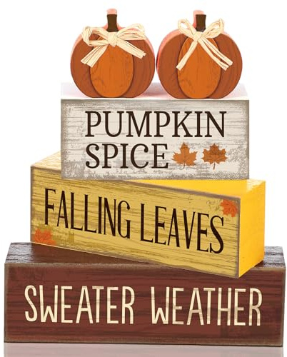 Lineshading 4 Pcs Thanksgiving Pumpkin Decor Fall Table Decoration Fall Tiered Tray Decor Thanksgiving Centerpiece Rustic Decorative Pumpkin Block Sign Gift Farmhouse Autumn Table Sign for Home