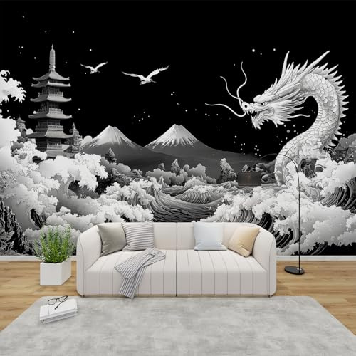 QEODAH Fototapete Japanisch Schlafzimmer, 3D Tapete Chinesischer Drache, Vliestapete Schwarz Weiß, Tapeten Wohnzimmer Muster, Asiatisch Wand Deko Kinderzimmer, Wandtapete, Mustertapete 416x254 cm