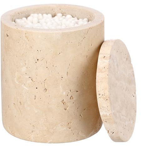 SUMTree Travertine Cotton Bud Holder Qtip Holder Dispenser with Lid, Bathroom Jar Canister for Cotton Swabs, Floss Swabs, Bathroom Salt, Bathoom Storage and Organization Bathroom Accessories, Beige