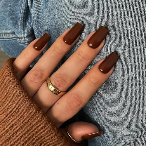 KQueenest Press On Nails Lange Mittel Eckig, Sarg Nägel zum Aufkleben Braun, Glänzende Jelly-Gel Fake Nails Fingernägel zum aufkleben Ballerina, Einfarbig Acryl Kunstnägel für Frauen, 24 Stück