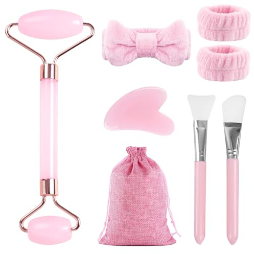Yuaerbuo 8 Stück Gua Sha Stein and Face Jade Roller Set, Gesichtsmassage Stein Set Natürlicher Jade Roller Gesicht Hochwertig Face Rollers Massage Sets für Augenschwellungen Routine skincare (Rosa)