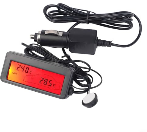 TONIXY Thermomètre numérique LCD 12 V pour voiture, jauge de température intérieure et extérieure et fil de capteur de 1,5 m, pour surveillance intérieure et extérieure du véhicule (rouge)