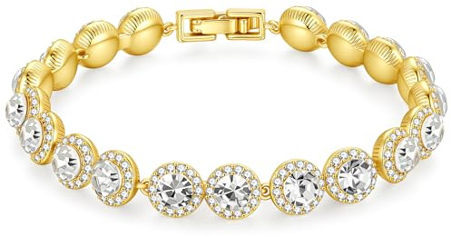 M MOOHAM Tennis Bracelet for Women - Dainty 14K Gold Plated Cubic Zirconia Tennis Bracelet for Women Classic Round Cubic Zirconia Bracelets Prom Bracelets Jewelry Wedding Gift for Womens