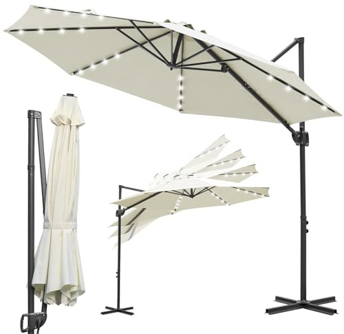 Vkechh Sonnenschirm Rechteckig Ø 300 cm, Ampelschirm Gartenschirm mit Kurbel, UV-Schutz, Wasserdicht, Balkonschirm Höhenverstellbar und Knickfunktion, Kurbelschirm mit LED, 360° Drehbar, Beige