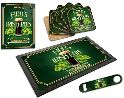 Personalised Irish Bar Accessories Set – Emerald Pint Collection – Custom Home Pub Decor, Bar Runner, Coasters, Bottle Opener & Metal Sign