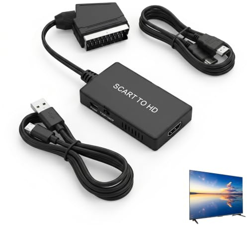 Rqkagf Adattatore SCART a HDMI 1080P/720P con cavo, convertitore Scart a HDMI per DVD, Sky, STB, PS2, Snes, N64, riproduzione video HD su TV moderna, Plug & Play facile e portatile