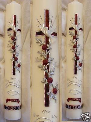 kerzenzauber-lusine Taufkerze Kommunionkerze Junge Mädchen 400/40 mm Rot-silber Unparfümiert