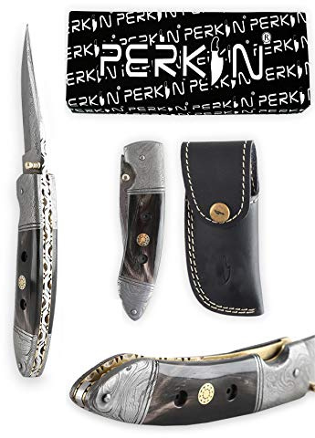 Perkin Damast Klappmesser mit Ledertasche Jagdmesser Taschenmesser