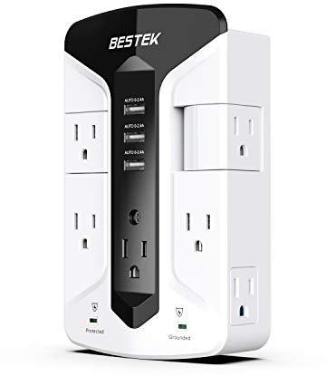 BESTEK 7-Outlet Wall Tap Surge Protector Power Strip with Swivel Outlets, 3 USB Charging Ports, 900 Joule Surge Suppression, Top Phone Holder