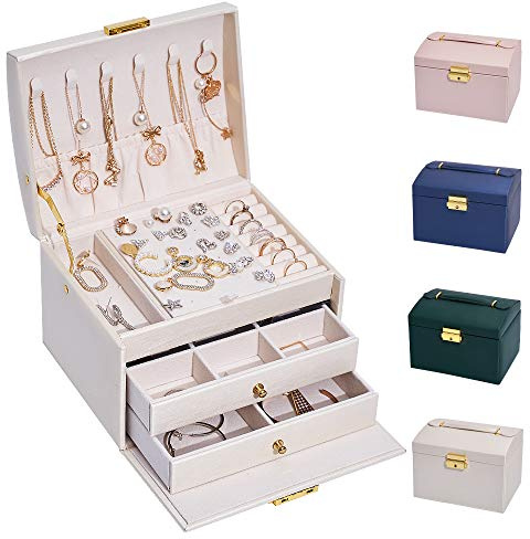 hombrima Schmuckschatulle, abschließbar, Schmuckschatulle für Damen, mit 2 Schubladen und 3 Ebenen, Aufbewahrung für Uhren, Halsketten, Ringe, Armbänder, Geschenkideen (Groß-Weiß)