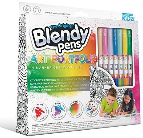 Blendy Pens Art Portfolio Set mit 14 Filzstifte, 7 Farbstifte Mischkammern, 8 magische Poster, 2 Schablonen und Airbrush, Marker in 14 Farben für tolle Farbverläufe, Kreativset für Kinder ab 6 Jahren