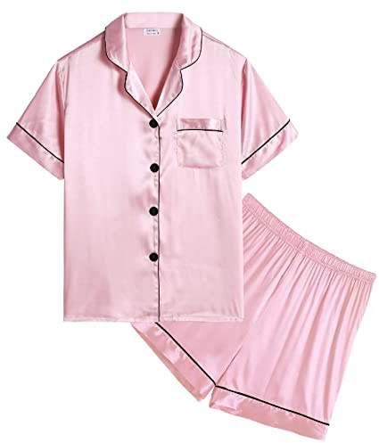 SWOMOG Kids Silk Pyjamas Girls Boys Short Sleeve Satin PJs Sets Button-Down Silky Nightwear Children Sleepwear Teensage Pink