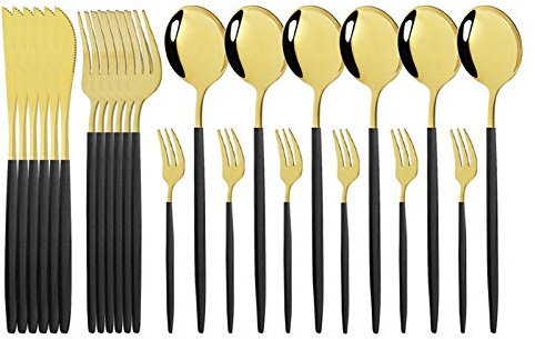 24 teile/satz Gold Spiegel Besteck Set 18/10 Edelstahl Geschirr Geschirr Besteck Besteck Set Abendessen Messer Kuchen Gabel Löffel Set essgeschirr (Color : Black Gold)