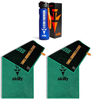 skilly Fitness Set I 2x Fitness Handtuch und 1x Trinkflasche I Funktionshandtuch für Fitnessstudio I Sportflasche mit Klick Verschluss | Flasche BPA frei