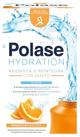 Polase Hydration, Integratore Alimentare Sali Minerali con Magnesio e Potassio e Vitamina C, Per la Tua Attività Fisica, Reidrata e Reintegra, Senza Glutine, Gusto Arancia, 12 sticks​