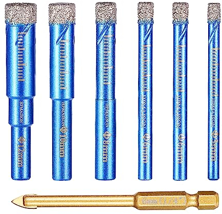 HPMAISON Fliesenbohrer Glasbohrer Diamantbohrer, 6 Stück Fliesenbohrer Diamantbohrer Set 5, 6, 6, 8, 10, 12mm für Keramik, Granit, Glas, Porzellan, Fliesen, Feinsteinzeug und 1 Stück Glasbohrer 6mm